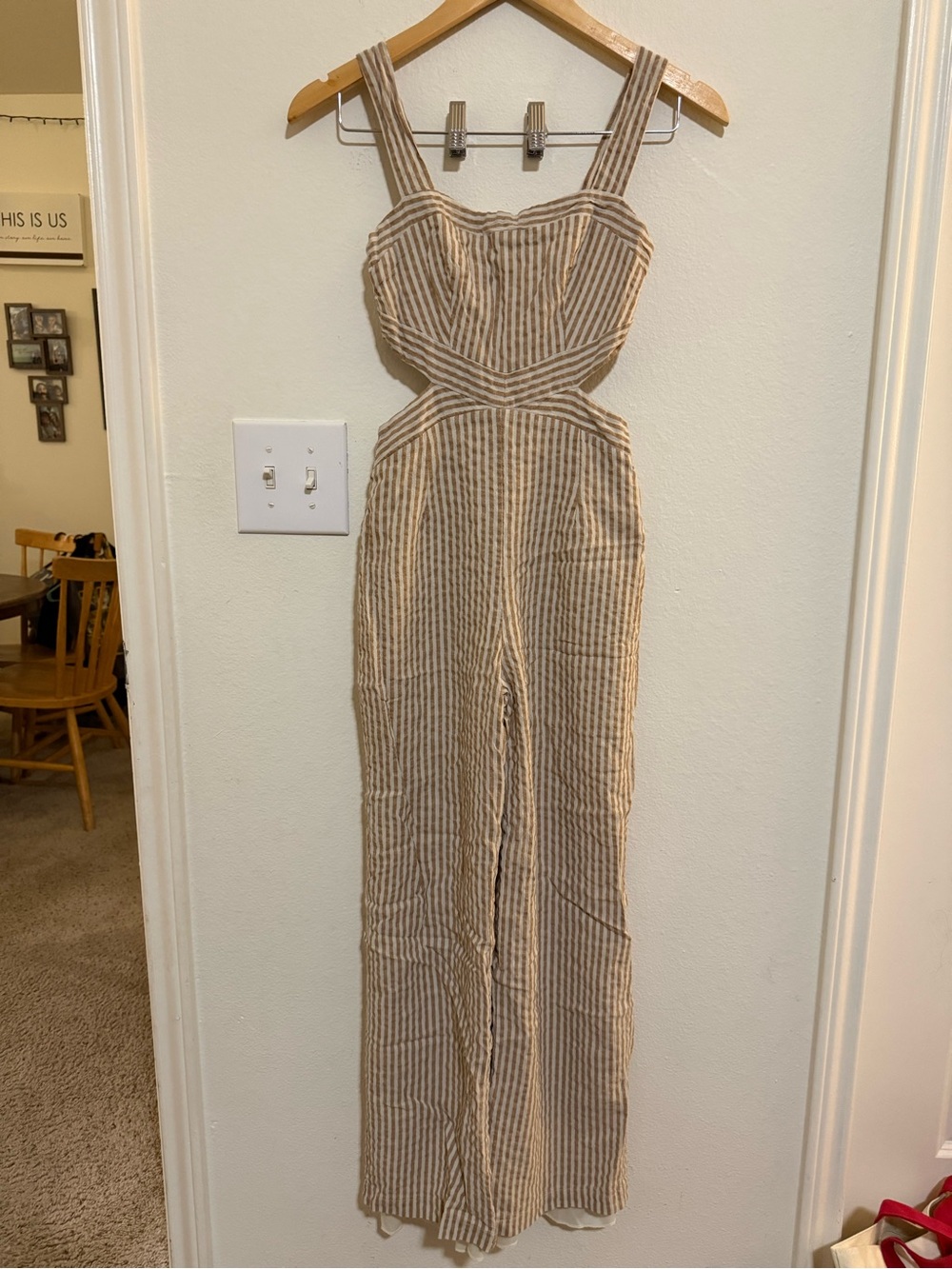 Altar'd State Beige & White Striped Cutout Jumpsuit
